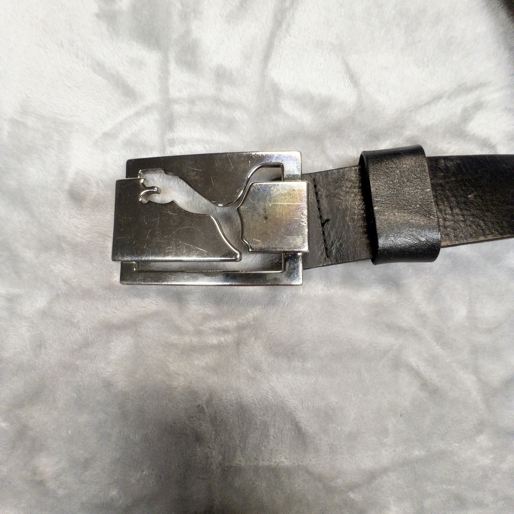 Puma Black Genuine Leather Belt Silver Logo Cutout Plaque Buckle Size S 80cm